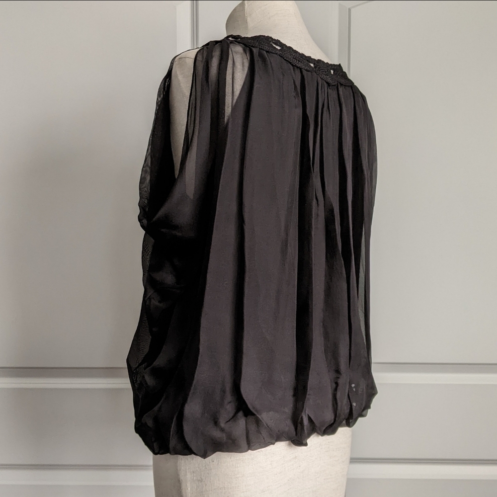 Leon Max Blouse 100% Silk Sleeveless Embroidered Sheer Overlay Lined Black L NWT - Picture 9 of 15